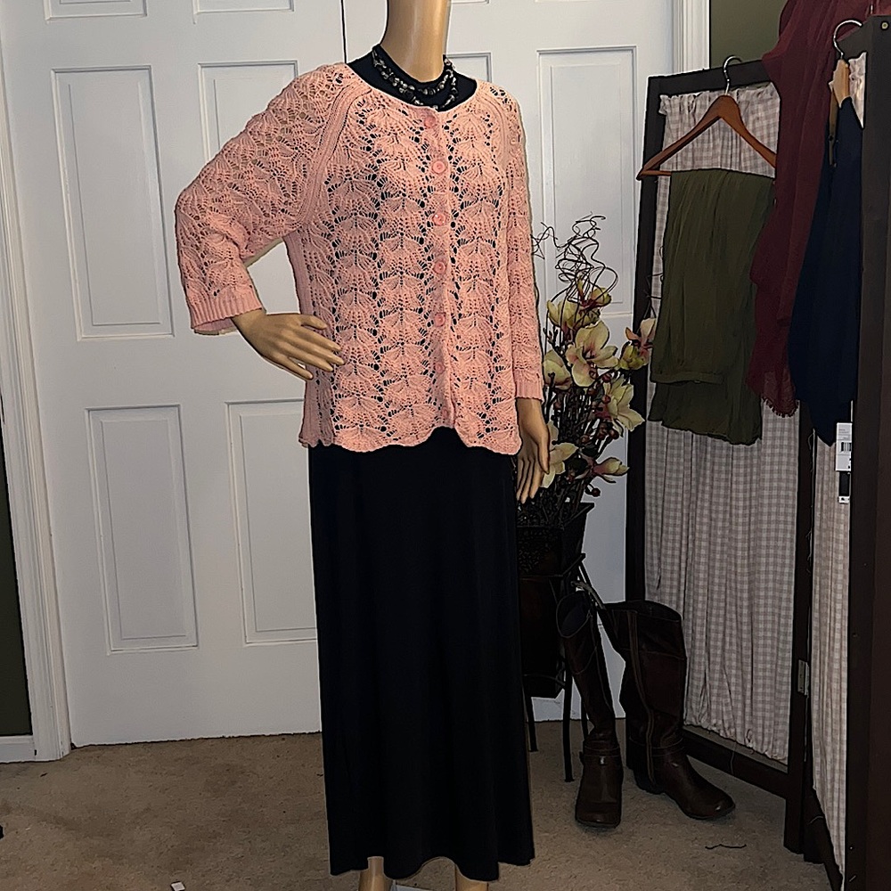 PRESWICK & MOORE Pink Button Front Crochet Cardigan Size XL~EUC!